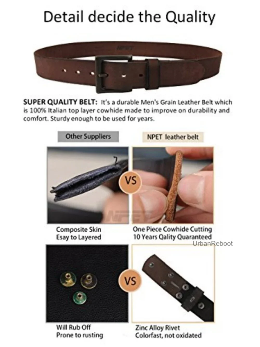 Men's Full Grain Leather Vintage Distressed Belt with Snap-On Strap 1.5
